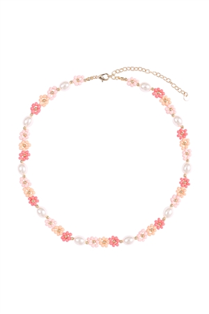 A1-2-1-JNB771GDCOR - BRASS PEARL FLOWER SEED BEAD NECKLACE-CORAL/1PC