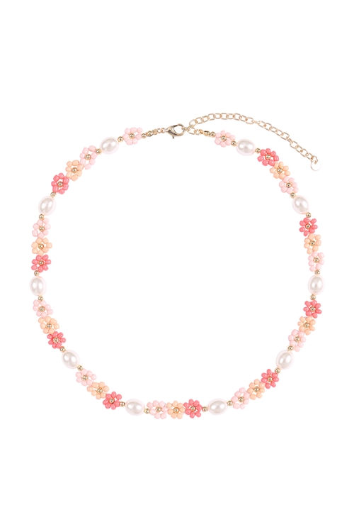 A1-2-1-JNB771GDCOR - BRASS PEARL FLOWER SEED BEAD NECKLACE-CORAL/1PC