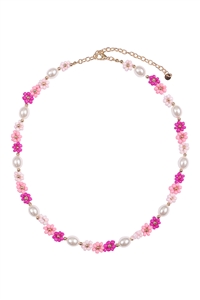 A1-2-5-JNB771GDPNK - BRASS PEARL FLOWER SEED BEAD NECKLACE-PINK/1PC