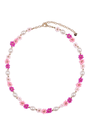 A1-2-5-JNB771GDPNK - BRASS PEARL FLOWER SEED BEAD NECKLACE-PINK/1PC