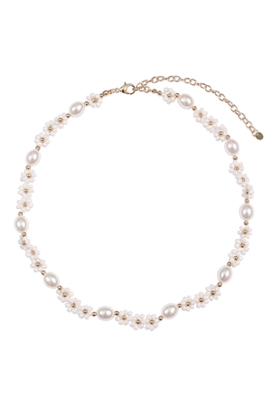 A1-2-5-JNB771GDWHT - BRASS PEARL FLOWER SEED BEAD NECKLACE-WHITE/1PC