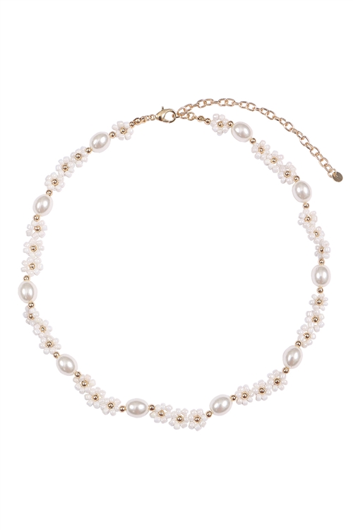 A1-2-5-JNB771GDWHT - BRASS PEARL FLOWER SEED BEAD NECKLACE-WHITE/1PC