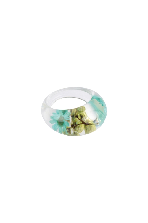 S5-4-4-JRA285TEA - DRY FLOWER CLEAR RESIN RING - TEAL/6PCS