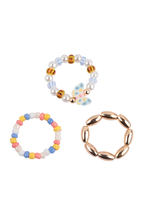 S6-4-3-JRA376GDWHT - BUTTERFLY  SEED BEADS  ELASTIC 3 SET RING - GOLD WHITE/6PCS