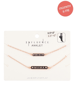 S15-14-2-K7AS2018-JET - PERSONALIZED "MAMA & MINI" BAR SHAPED ENAMEL 2 SET ANKLET - BLACK/1PC