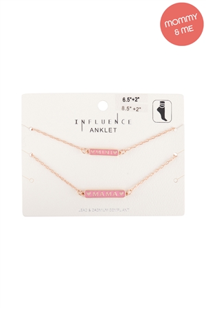 S15-14-2-K7AS2018-PK - PERSONALIZED "MAMA & MINI" BAR SHAPED ENAMEL 2 SET ANKLET - PINK/1PC (NOW $2.00 ONLY!)