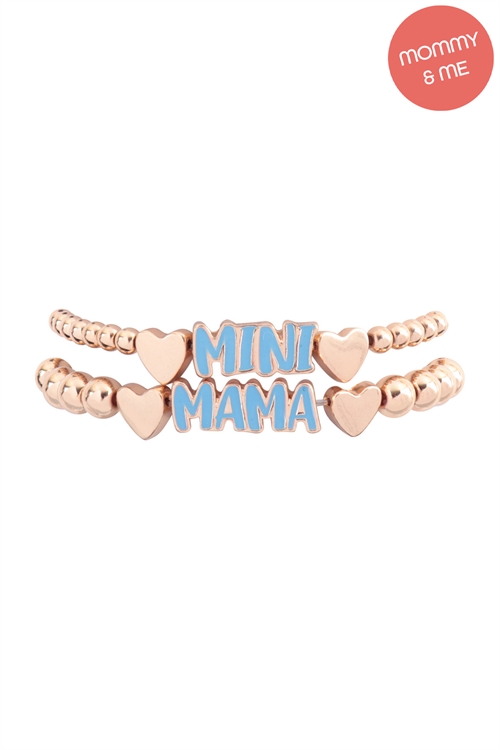 S23-8-4-K7B2017-LBL - MINI & MAMA HEART  CCB  CHARM STRETCH BRACELET SET - LIGHT BLUE/1PC