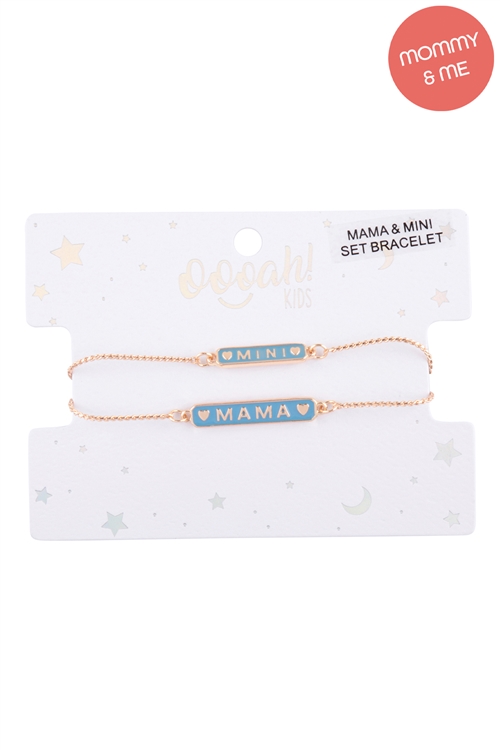 S23-2-5-K7B2018-LBL - PERSONALIZED "MAMA" & "MINI" BAR SHAPE ENAMEL ADJUSTABLE 2 SET BRACELET- LIGHT BLUE/1PC