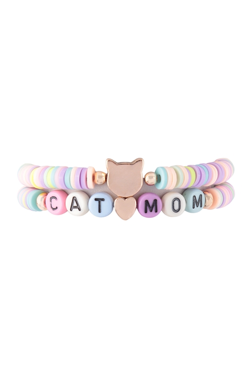 S23-13-3-K7B2038-MUL - "CAT MOM" RUBBER BEADS LETTER STRETCH BRACELET - MULTICOLOR/1PC