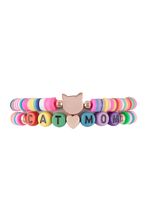 S1-1-1-K7B2038-MUL2 - "CAT MOM" RUBBER BEADS LETTER STRETCH BRACELET - MULITICOLOR2/1PC