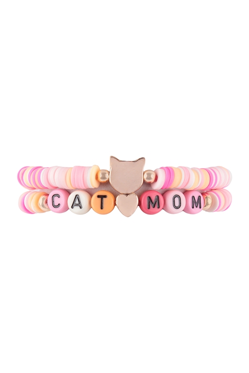 S23-13-3-K7B2038-PK - "CAT MOM" RUBBER BEADS LETTER STRETCH BRACELET - PINK/1PC