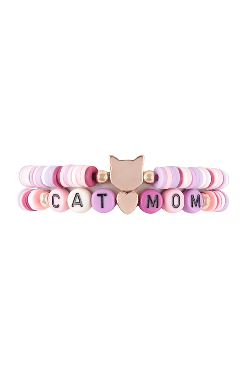 S23-13-3-K7B2038-ROSE - "CAT MOM" RUBBER BEADS LETTER STRETCH BRACELET - ROSE/1PC