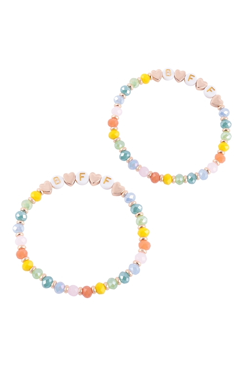 S22-12-3-K7B2041-MUL - "BFF" LETTER HEART BEADS STRETCH BRACELETE SET - MUTLICOLOR/1PC