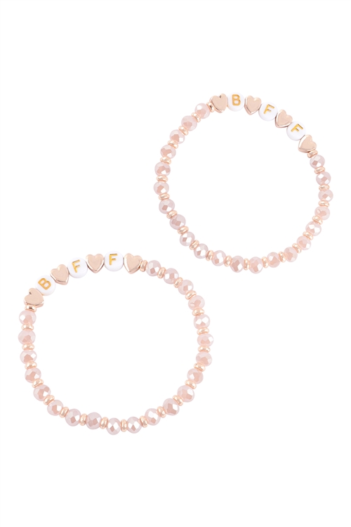 S22-12-3-K7B2041-PK - "BFF" LETTER HEART BEADS STRETCH BRACELETE SET - PINK/1PC