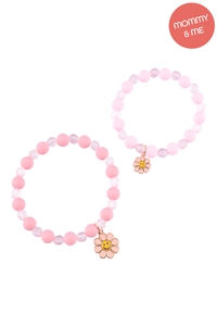 S18-13-2-K7B2067-PK - MAMA & MINI  SMILE FLOWER ENAMEL CHARM BRACELET SET - PINK/1PC