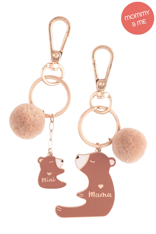 S23-8-4-K7KS2019-BRN -  MINI BEAR & MAMA BEAR 2 SET ENAMEL W/ POM POM KEYCHAIN -  BROWN/1PC