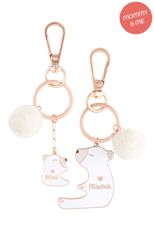 S23-8-4-K7KS2019-IV -  MINI BEAR & MAMA BEAR 2 SET ENAMEL W/ POM POM KEYCHAIN -  IVORY/1PC