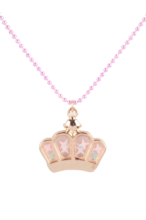 SA3-1-2-K7N2114-PK - 14" CROWN 14" RAINBOW GLITTER PENDANT KIDS NECKLACE-PINK//1PC