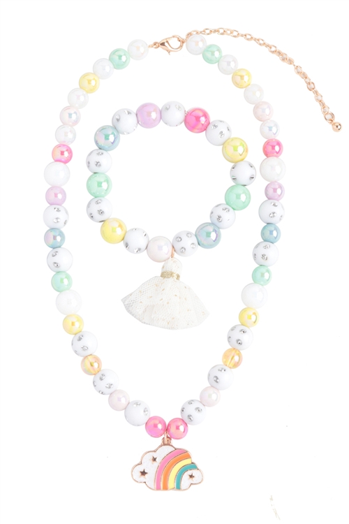 S24-7-2-K7NB2076-WHT - CLOUD GLASS BEADS RHINESTONE W/ MATCHING 14" NECKLACE AND 6.25" BRACELET SET-WHITE/1PC