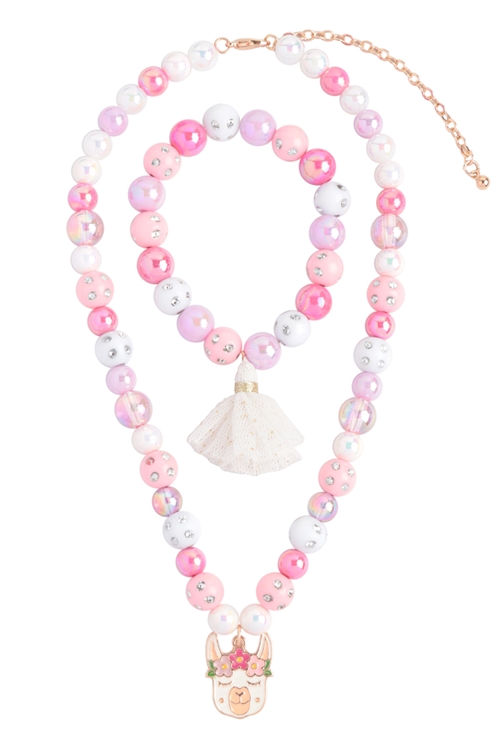 S24-7-2-K7NB2080-HPK - CUTE ALPACA GLASS BEADS RHINESTONE W/ MATCHING 14" NECKLACE AND 6.25" BRACELET SET-HOT PINK/1PC