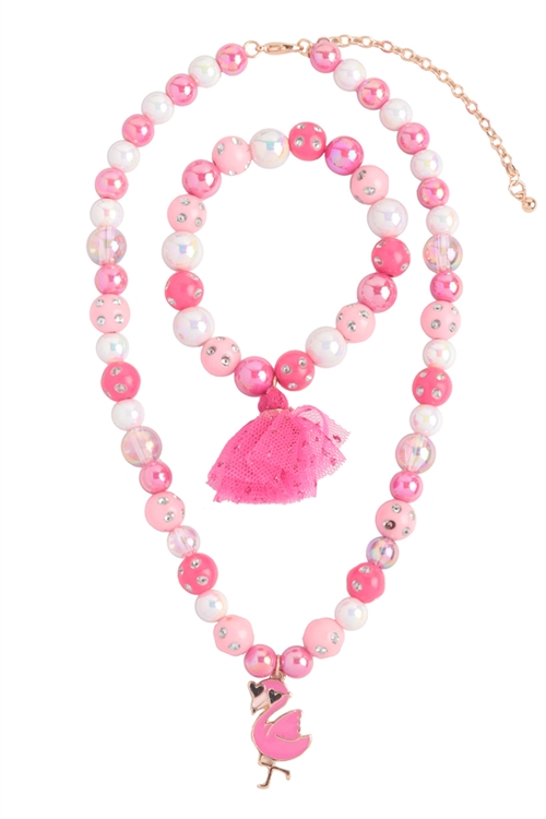 S24-7-2-K7NB2082-FU - CUTE FLAMINGO GLASS BEADS RHINESTONE W/ MATCHING 14" NECKLACE AND 6.25" BRACELET SET-FUCHSIA/1PC