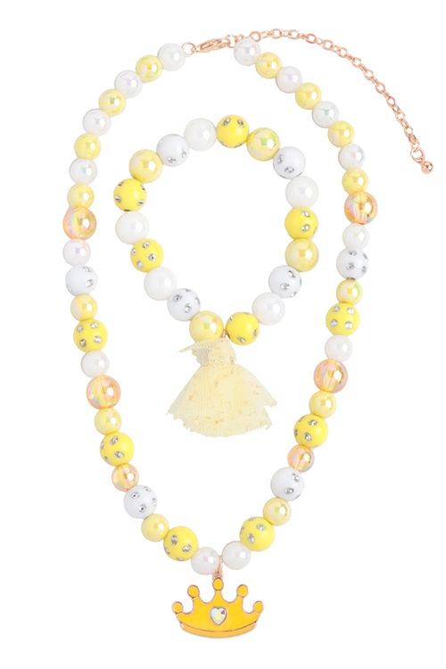 S24-7-2-K7NB2083-YLW - CROWN GLASS BEADS RHINESTONE W/ MATHCHING 14" NECKLACE AND 6.25" BRACELET SET-YELLOW/1PC