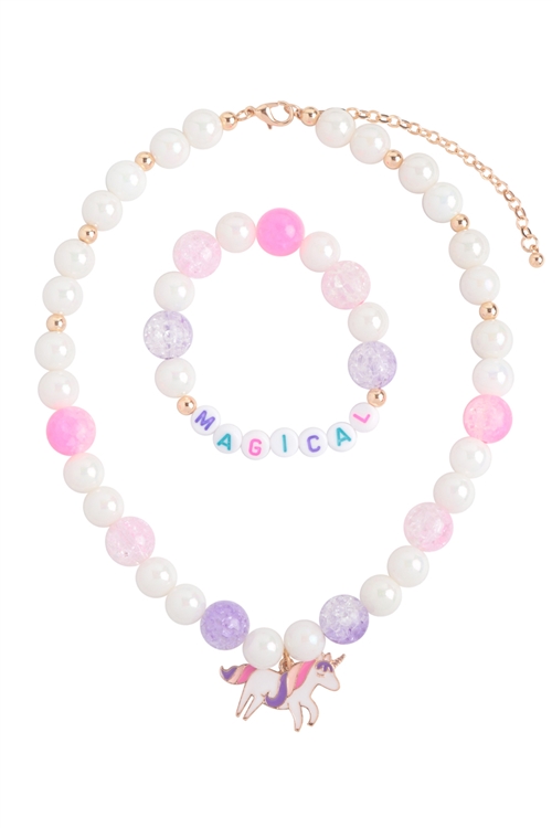 S21-12-4-K7NB2118-MAG - MAGICAL UNICORN PEARL BEADS W/ MATHCHING 14" NECKLACE AND 6.25" BRACELET SET/1PC