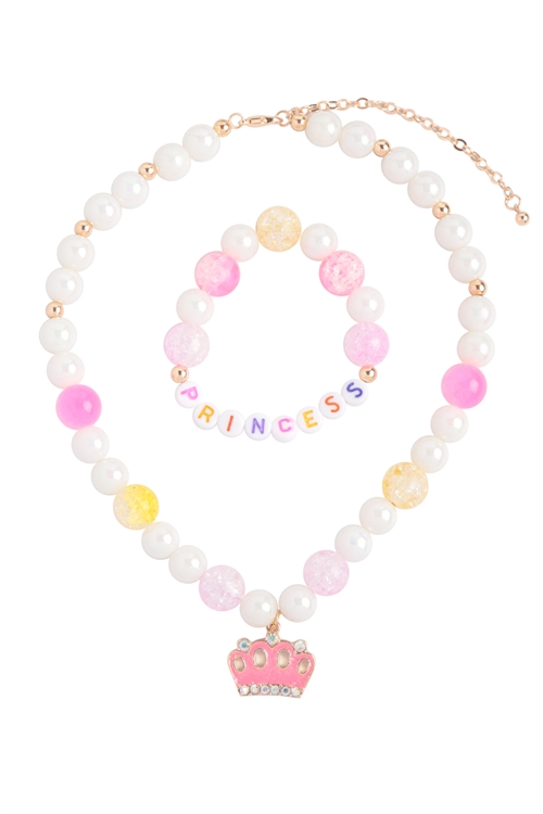 S21-12-4-K7NB2118-PRN - PRINCESS CROWN PEARL BEADS W/ MATCHING 14" NECKLACE AND 6.25" BRACELET SET/1PC