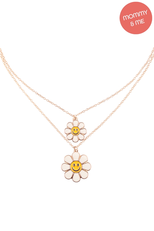 A2-3-2-K7NS2026-IV - MINI FLOWER SMILEY FACE & MAMA FLOWER SMILEY FACE 2 SET LAYERED NECKLACE-IVORY/6PCS