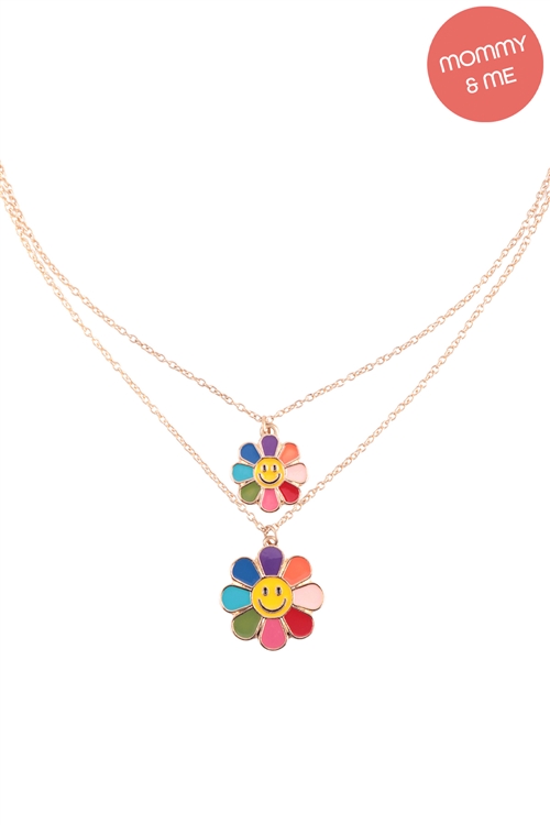 A2-3-2-K7NS2026-MUL - MINI FLOWER SMILEY FACE & MAMA FLOWER SMILEY FACE 2 SET LAYERED NECKLACE-MULTICOLOR/6PCS