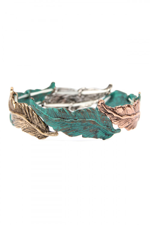 S4-6-2-KB0302PTMT TURQUOISE MULTI CAST METAL FEATHER STRETCH BRACELET/6PCS