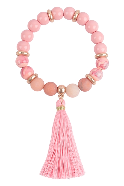 A2-3-3-KB8112WGPK - MULTI SEMI PRECIOUS STONE TASSEL BRACELET KEYCHAIN - MATTE GOLD PINK/6PCS