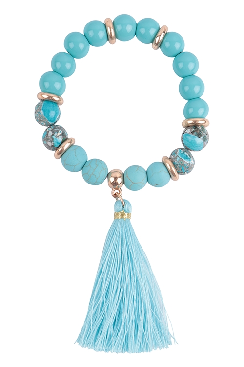 A2-3-3-KB8112WGTQ - MULTI SEMI PRECIOUS STONE TASSEL BRACELET KEYCHAIN - MATTE GOLD TURQUOISE/6PCS