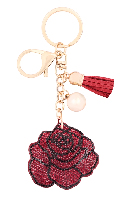 S17-12-1-KC380X008 - ROSE RHINESTONE TASSEL KEYCHAIN - RED/1PC