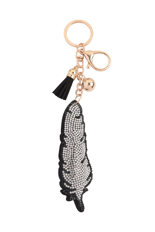 S20-2-5-KC380X018 - FEATHER RHINESTONE TASSEL KEYCHAIN-CLEAR BLACK/1PC