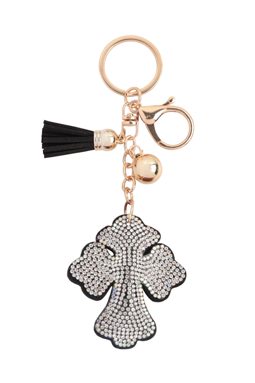 S20-2-5-KC380X060 - CROSS LAMEN RHINESTONE TASSEL KEYCHAIN- CLEAR BLACK/1PC