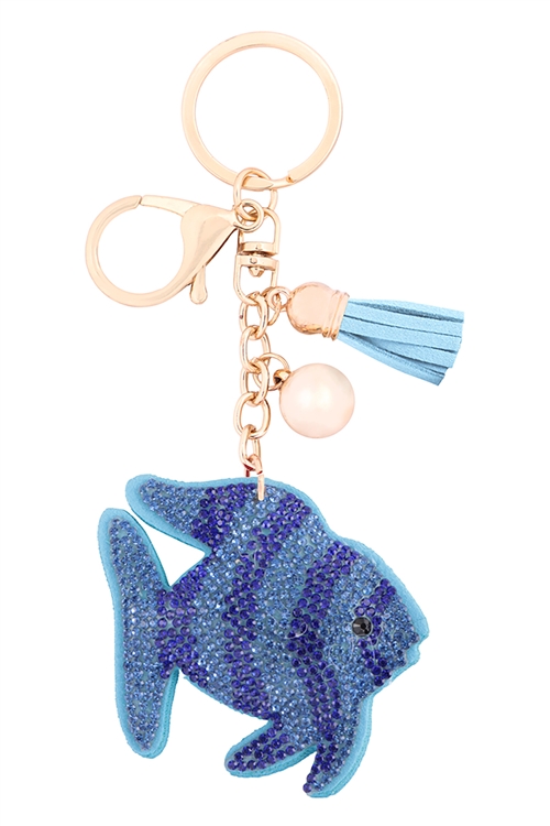 S18-10-5-KC380X071 - FISH RHINESTONE TASSEL KEYCHAIN - BLUE/1PC