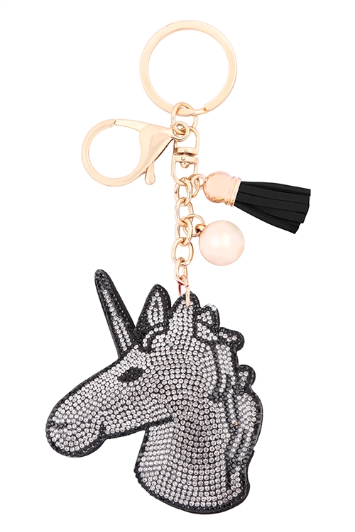 S18-11-4-KC380X099 - UNICORN RHINESTONE TASSEL KEYCHAIN - BLACK/1PC