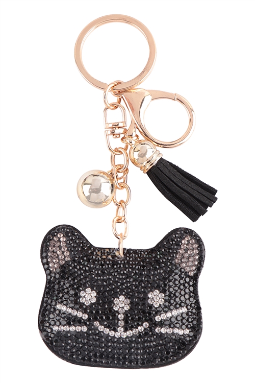 S18-11-2-KC380X136 -  CAT RHINESTONE TASSEL KEYCHAIN - BLACK/1PC