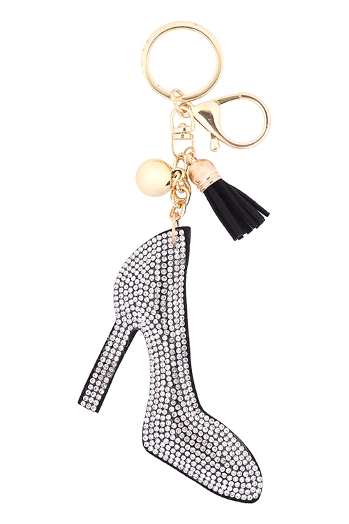 S18-12-3-KC380X192 - LADIES CLEAR BLACK SHOES RHINESTONE TASSEL KEYCHAIN/1PC