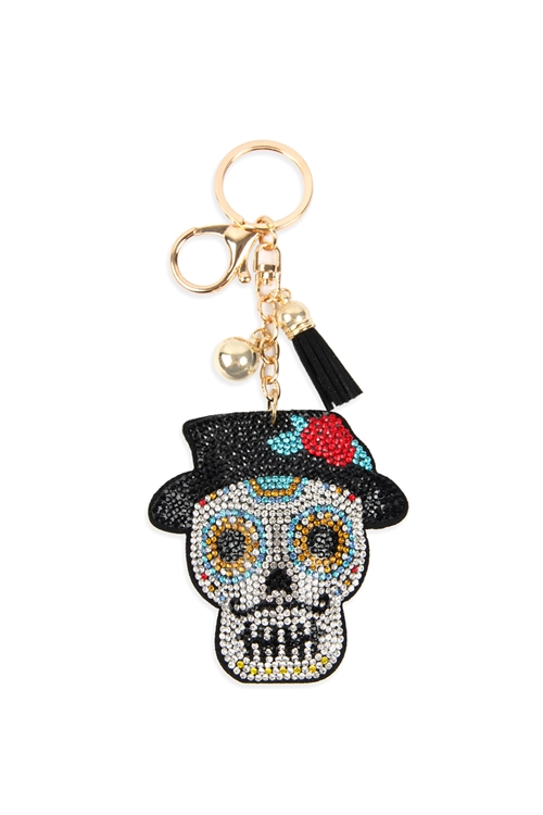 S28-7-3-KC380X241  - SUGAR SKULL WITH HAT TASSEL RHINESTONE KEYCHAIN /1PC