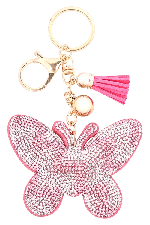 S31-1-1-KC380X260 - PINK BUTTERFLY RHINESTONE TASSEL KEYCHAIN/1PC