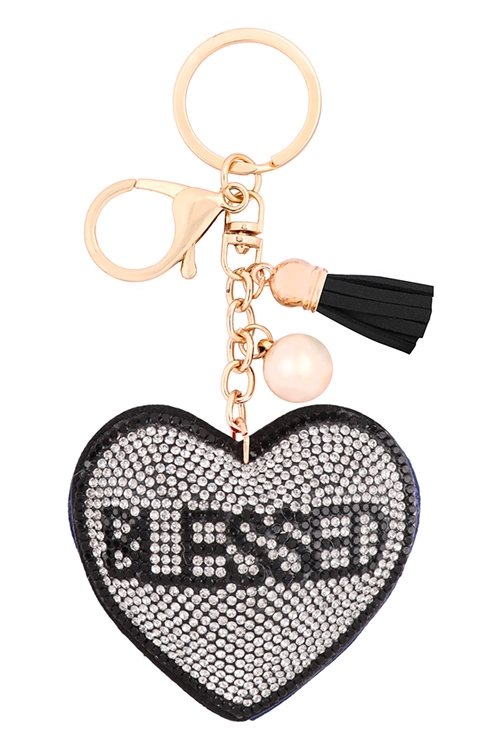 S18-13-2-KC440X003 - BLESSED HEART RHINESTONE TASSEL KEYCHAIN - BLACK/6PCS