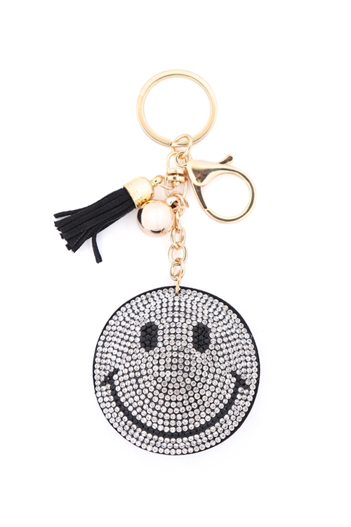 S18-10-3-KC440X007 - SMILEY TASSEL RHINESTONE KEYCHAIN - CLEAR BLACK/6PCS