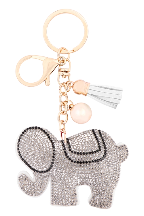 A2-1-3-KC444X046 - ELEPHANT RHINESTONE TASSEL KEYCHAIN - LIGHT GRAY/1PC