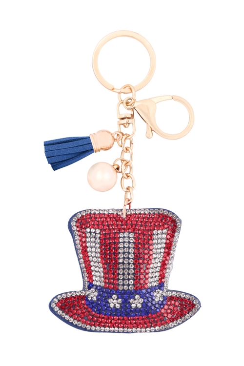 S1-1-1-KC444X282 - USA PATRIOTIC HAT RHINESTONE TASSEL KEYCHAIN-USA/1PC