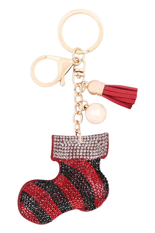 S20-12-3--KC444X510 - RHINESTONE CHRISTMAS STOCKING TASSEL KEYCHAIN/1PC