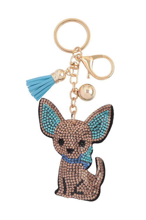 S20-3-5-KC444X572 - CUTE CHIHUAHUA PUPPY RHINESTONE TASSEL KEYCHAIN-BROWN/1PC