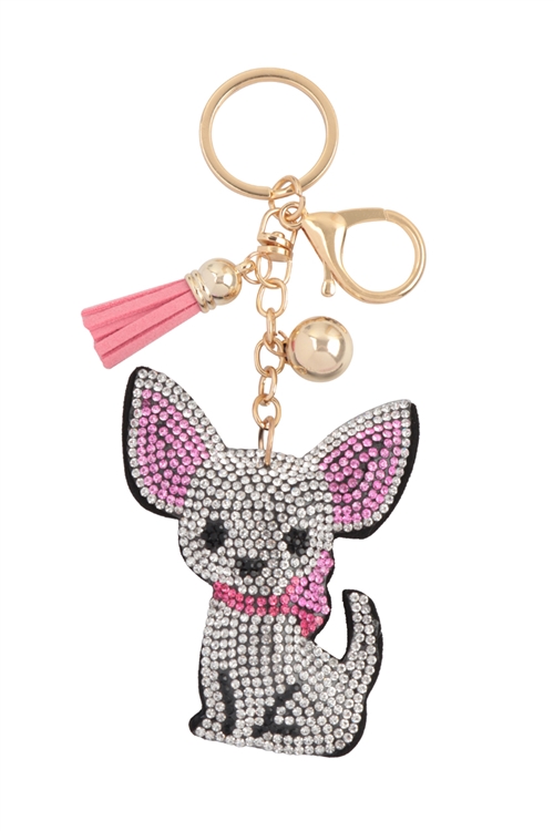 S20-3-5-KC444X573 - CUTE CHIHUAHUA PUPPY RHINESTONE TASSEL KEYCHAIN-WHITE/1PC