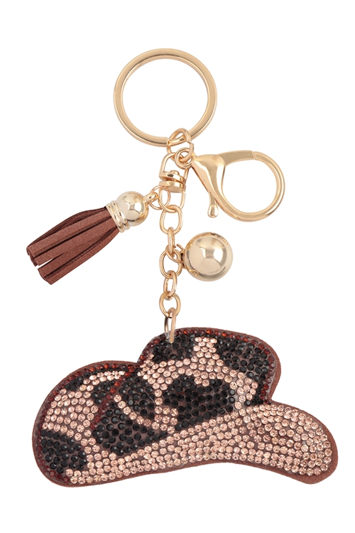 S20-3-5-KC444X586 - SUEDE COWBOY HAT RHINESTONE TASSEL KEYCHAIN-LIGHT BROWN/1PC